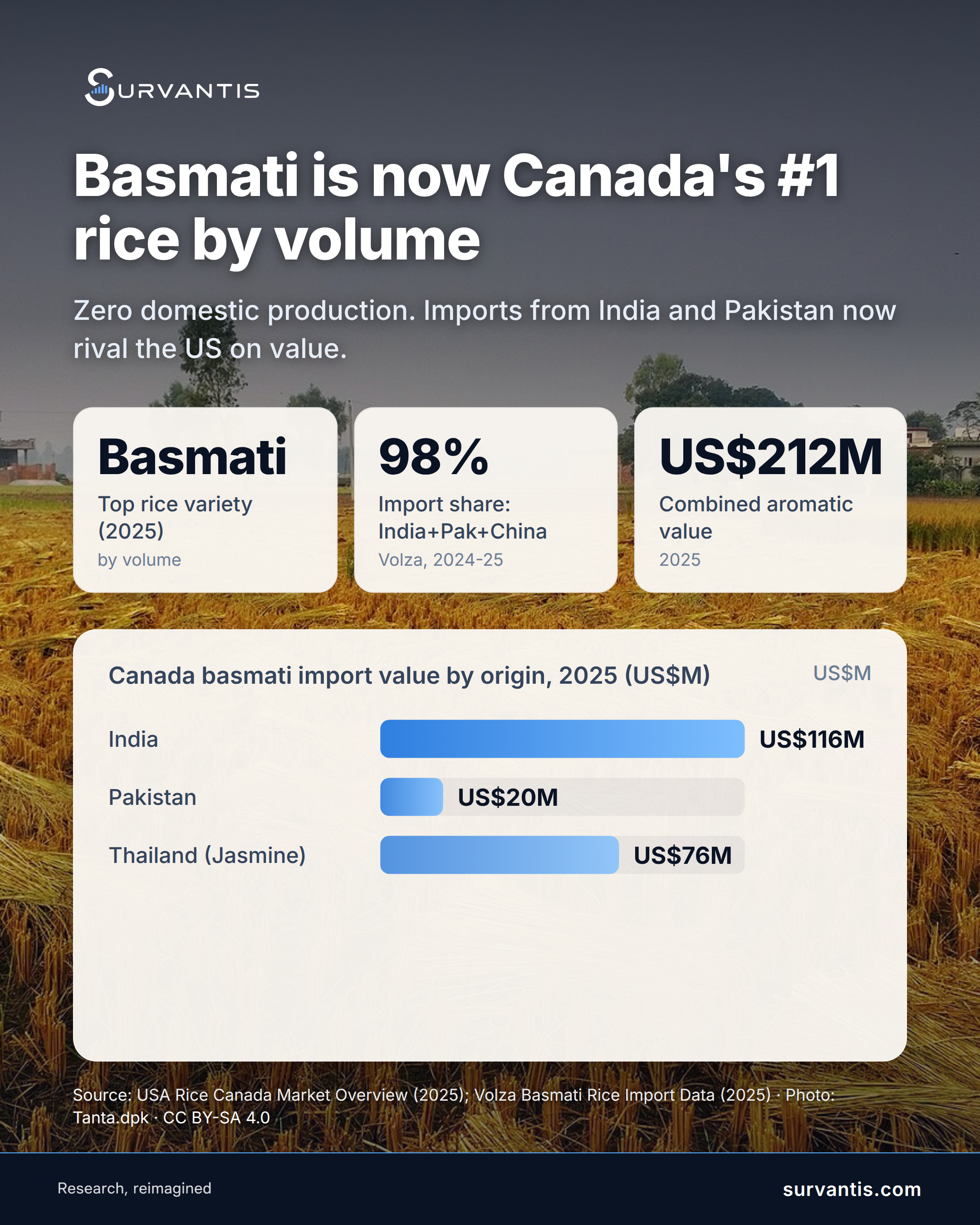 Canada doesn't grow a single commercial grain of rice. Every bag on the shelf is imported, and in 2025 the variety winning that shelf is basmati, now the countr